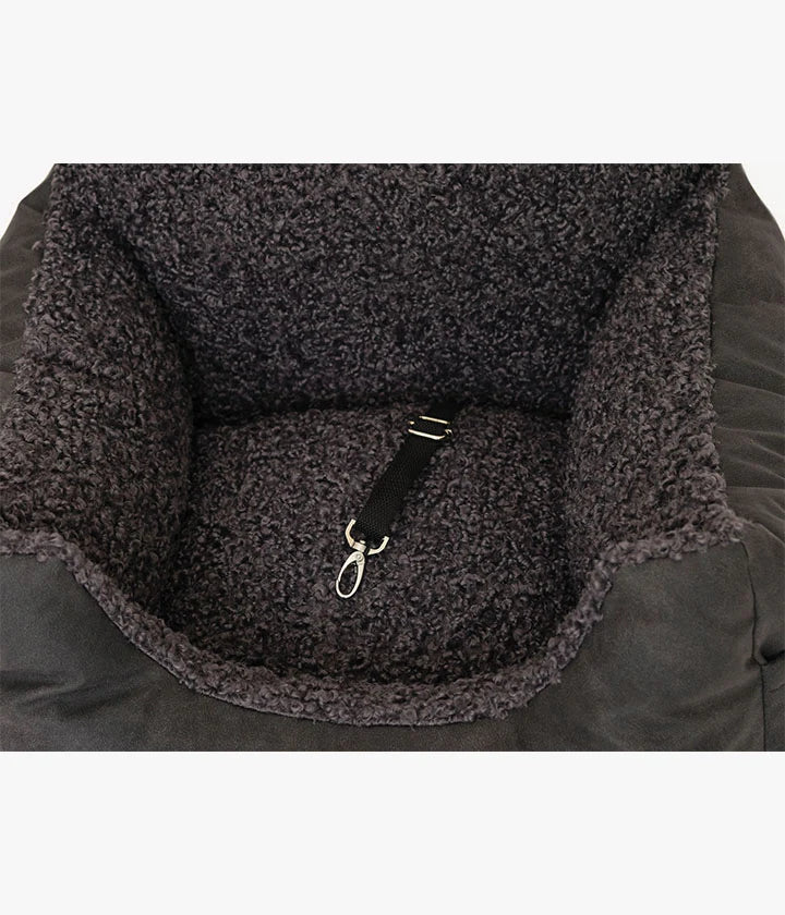 Close angle of the seat of the faux leather black dog car seat with buckle by Pet and Co