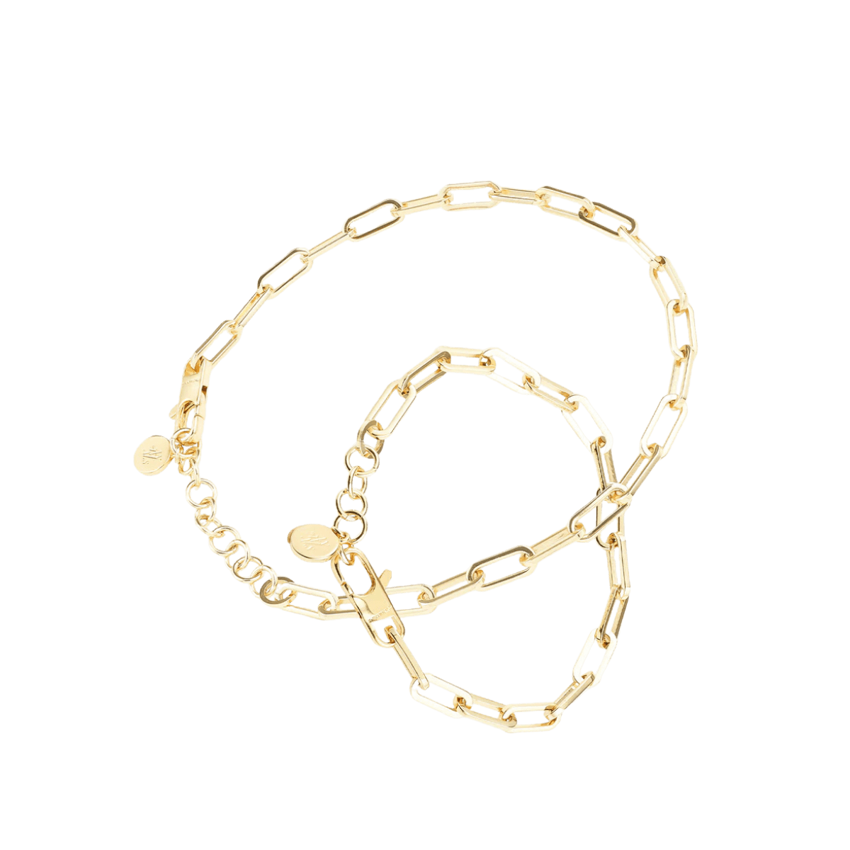 The Animals gold chain collars in two sizes with elongated rectangular links, displayed on a white background.
Die goldenen Halsketten von The Animals in zwei Größen mit länglichen rechteckigen Gliedern, auf weißem Hintergrund präsentiert.
Colliers dorés The Animals en deux tailles avec maillons rectangulaires allongés, présentés sur fond blanc.
