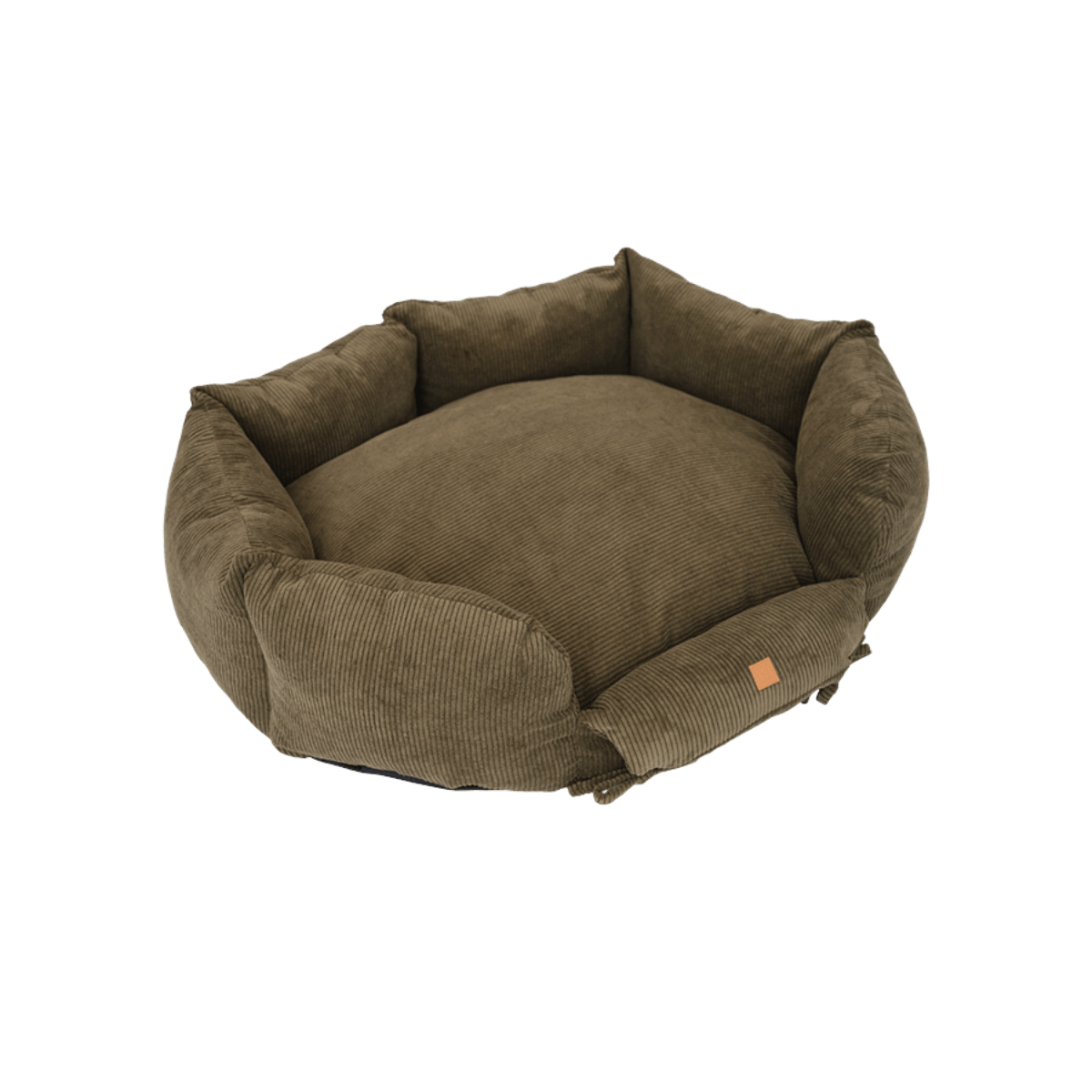 High-quality khaki corduroy dog bed by Pet & Co. with plush filling and round shape for modern interiors. Hochwertiges Hundebett von Pet & Co. aus khakifarbenem Cord mit weicher Füllung und runder Form für moderne Einrichtungen. Panier pour chien haut de gamme en velours côtelé kaki par Pet & Co., avec un rembourrage moelleux et une forme arrondie idéale pour les intérieurs modernes.