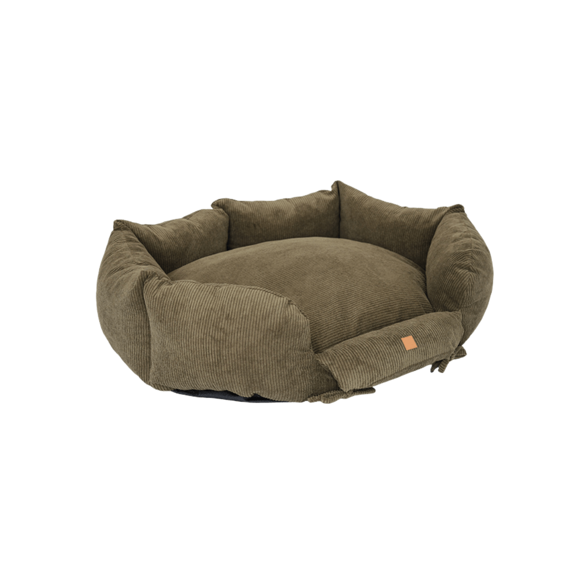 Stylish round dog bed in khaki corduroy from Pet & Co., designed for maximum comfort and chic home decor. Stilvolles rundes Hundebett aus khakifarbener Cord von Pet & Co., für maximalen Komfort und ein elegantes Zuhause. Panier rond pour chien en velours côtelé kaki de Pet & Co., conçu pour un confort optimal et une touche déco chic.