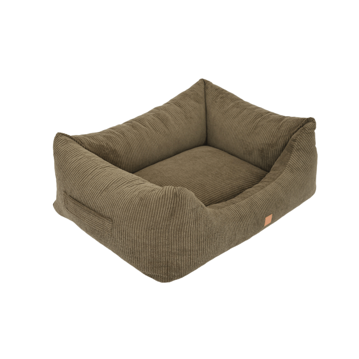 Khaki corduroy rectangular dog bed by Pet & Co. with high side bolsters for extra comfort. Rechteckiges Hundebett aus khakifarbenem Cord von Pet & Co. mit hohen Seitenwänden für zusätzlichen Komfort. Panier rectangulaire pour chien en velours côtelé kaki de Pet & Co., avec bords surélevés pour plus de confort.