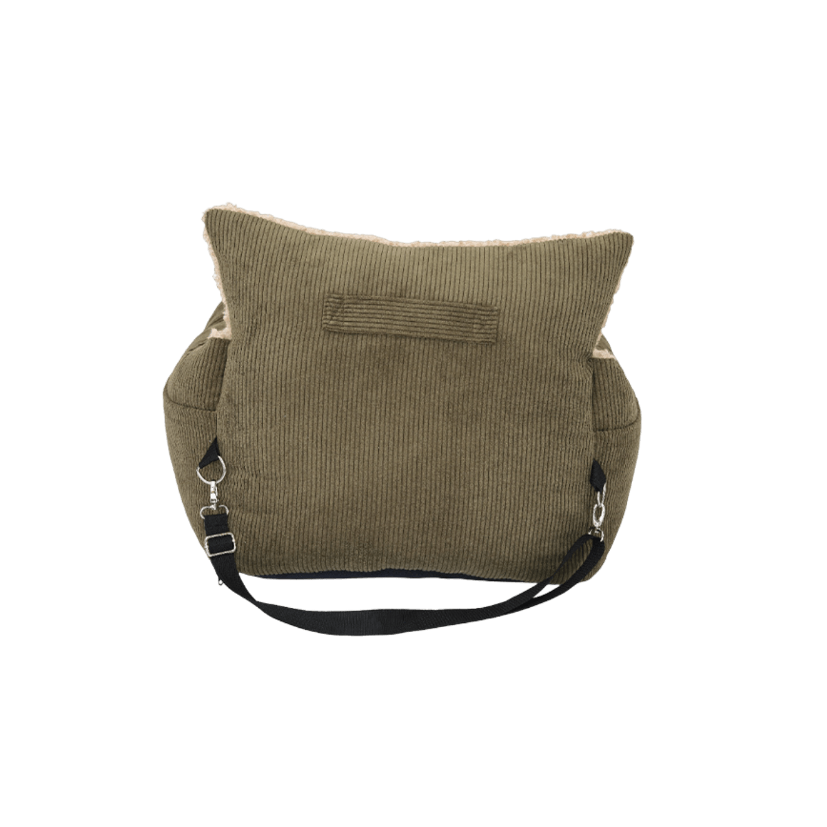 Back view of the khaki corduroy dog car seat by Pet & Co., with adjustable straps and reinforced stitching for secure car travel. Rückansicht des khakifarbenen Hundesitzes aus Cord von Pet & Co. mit verstellbaren Gurten und verstärkten Nähten für sichere Autofahrten. Vue arrière du siège auto pour chien en velours côtelé kaki de Pet & Co., avec sangles réglables et coutures renforcées pour un voyage sécurisé.