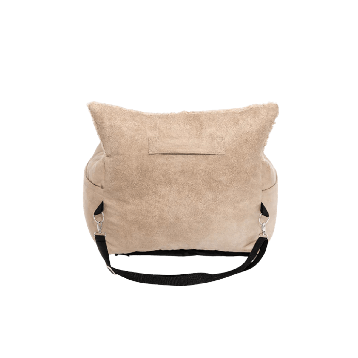 Rear view of the Pet & Co. dog car seat in beige faux leather, featuring adjustable safety straps for secure travel. Rückansicht des Pet & Co. Hundesitzes fürs Auto aus beigem Kunstleder mit verstellbaren Sicherheitsgurten für sichere Fahrten. Vue arrière du siège auto pour chien Pet & Co. en similicuir beige avec sangles de sécurité ajustables pour des trajets en toute sécurité.