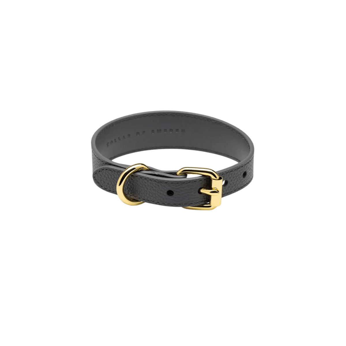 Flat lay of grey vegan leather dog collar with gold buckle by Collar of Sweden – Vue de dessus du collier pour chien en cuir végan gris avec boucle dorée, signé Collar of Sweden – Draufsicht des Hundehalsbands aus grauem veganem Leder mit goldener Schnalle von Collar of Sweden.