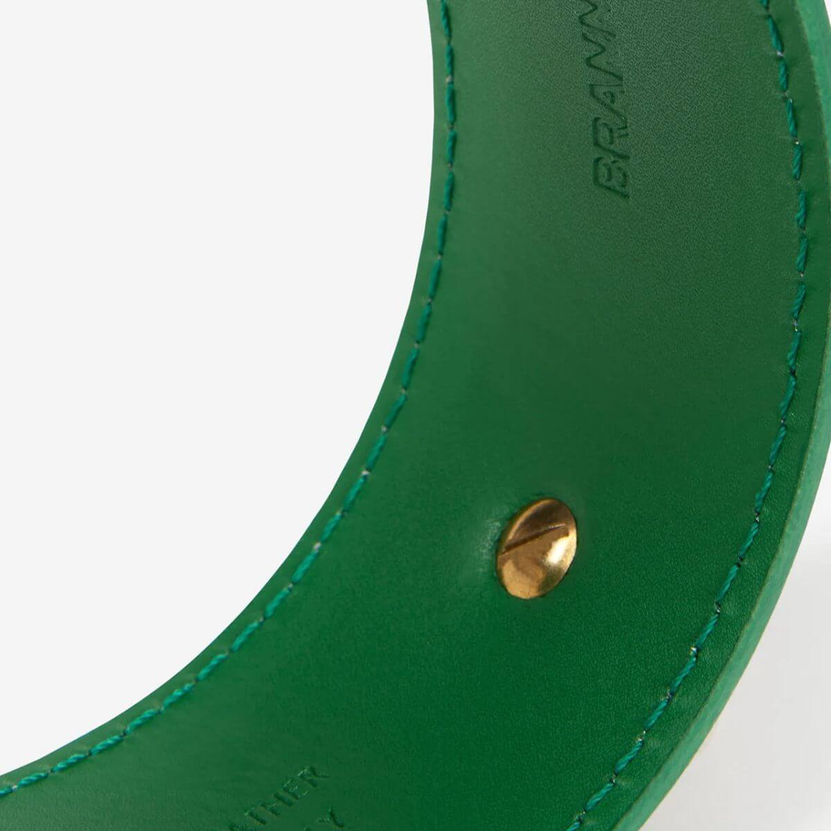 Detailed view of the inner side of a green Branni Pets leather collar with elegant stitching and gold hardware, crafted for dogs with long or sensitive necks – Detailansicht der Innenseite des grünen Branni Pets Halsbands mit feiner Naht und goldener Schraube, perfekt für Windhunde – Vue intérieure du collier vert Branni Pets avec couture soignée et vis dorée, conçue pour les cous longs ou sensibles.