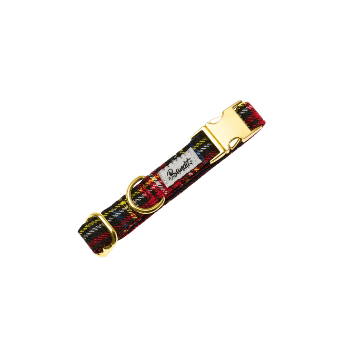 Tartan plaid dog collar with gold buckle and French Bandit label, laid flat on a black background.
Collier pour chien à motif écossais avec boucle dorée et étiquette French Bandit, présenté à plat sur fond noir.
Kariertes Hundehalsband mit goldener Schnalle und French Bandit-Etikett, flach auf schwarzem Hintergrund präsentiert.