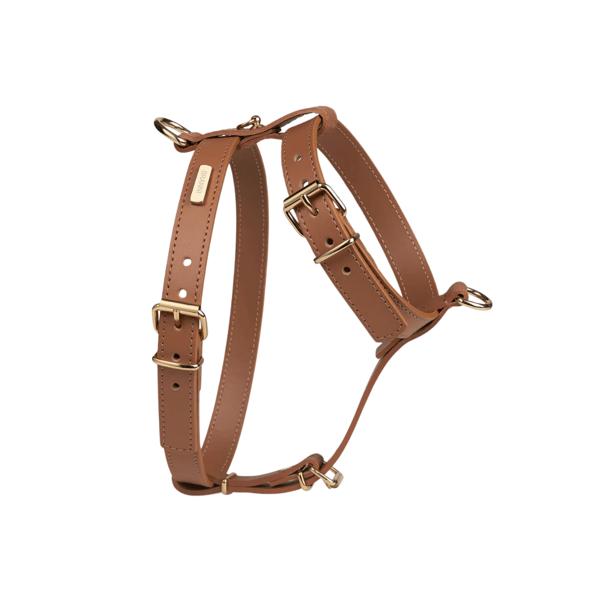 Elegant brown leather dog harness by Branni Pets with adjustable straps and gold-tone hardware, designed for small to medium-sized dogs. — Elegantes Hundegeschirr aus braunem Leder von Branni Pets mit verstellbaren Riemen und goldener Beschlägung, ideal für kleine bis mittelgroße Hunde. — Harnais pour chien en cuir marron élégant de Branni Pets avec sangles réglables et bouclerie dorée, conçu pour les chiens de petite à moyenne taille.