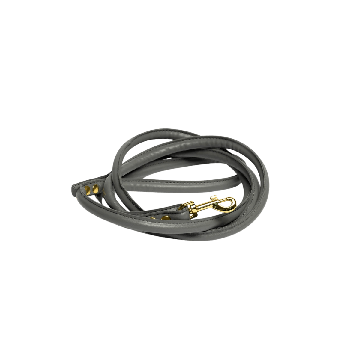 Grey vegan leather dog leash with gold hardware by Collar of Sweden – Laisse pour chien en cuir végan gris avec quincaillerie dorée, signée Collar of Sweden – Hundeleine aus grauem veganem Leder mit goldener Beschläge von Collar of Sweden.