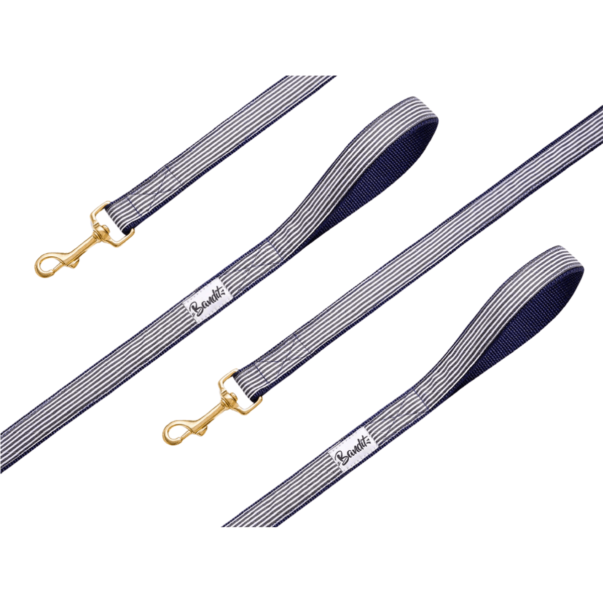 Product image of the French Bandit dog leash in navy and white stripes with gold hardware and padded handle – elegant and durable. Produktbild der French Bandit Hundeleine mit marineblauen und weißen Streifen, goldener Hardware und gepolstertem Griff – stilvoll und robust. Image produit de la laisse pour chien French Bandit à rayures bleu marine et blanches avec bouclerie dorée et poignée rembourrée – élégante et résistante.