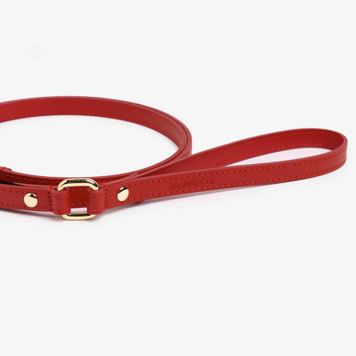 Stylish red leather dog leash handle from Branni Pets with gold buckle | Stilvoller Griff einer roten Hundeleine aus Leder von Branni Pets mit goldener Schnalle | Poignée de laisse rouge en cuir de Branni Pets avec boucle dorée