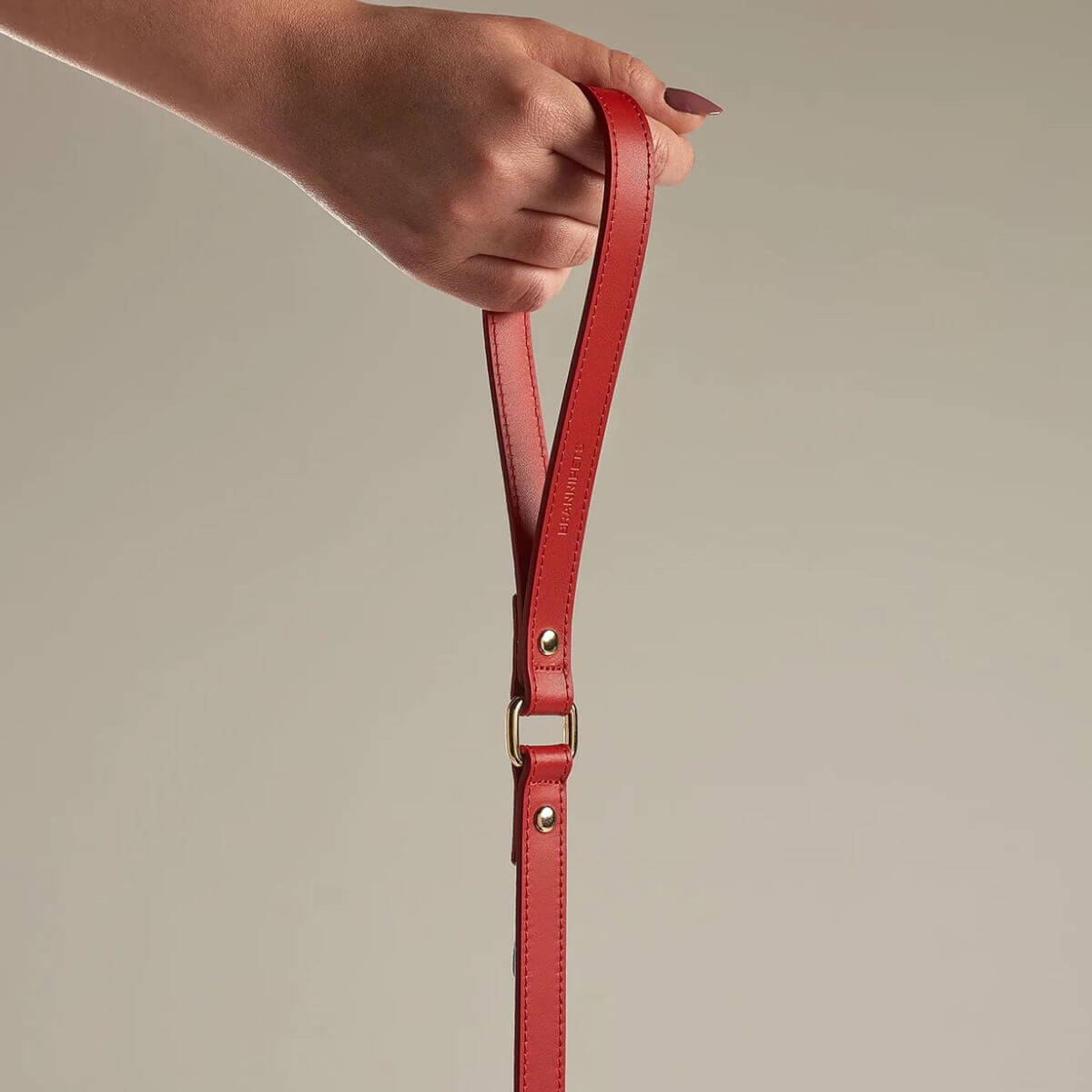 Comfortable red leather leash grip from Branni Pets held in hand | Bequemer Griff einer roten Hundeleine von Branni Pets in der Hand | Poignée confortable d'une laisse rouge de Branni Pets tenue en main