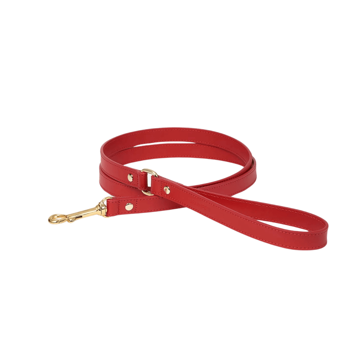 Full view of the rolled red leather dog leash from Branni Pets with gold hardware | Gesamtansicht der aufgerollten roten Hundeleine von Branni Pets mit goldener Schnalle | Vue complète de la laisse rouge enroulée de Branni Pets avec mousqueton doré