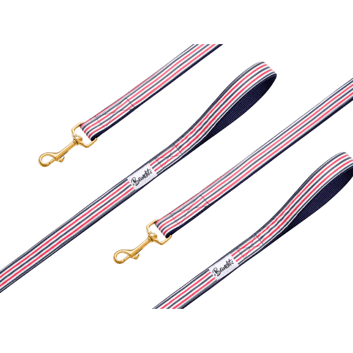 Product image of the French Bandit dog leash in red, white, and blue stripes with gold hardware and padded handle – bold and classic. Produktbild der French Bandit Hundeleine mit roten, weißen und blauen Streifen, goldener Hardware und gepolstertem Griff – klassisch und hochwertig. Image produit de la laisse pour chien French Bandit à rayures rouges, blanches et bleues avec bouclerie dorée et poignée rembourrée – un style audacieux et intemporel.