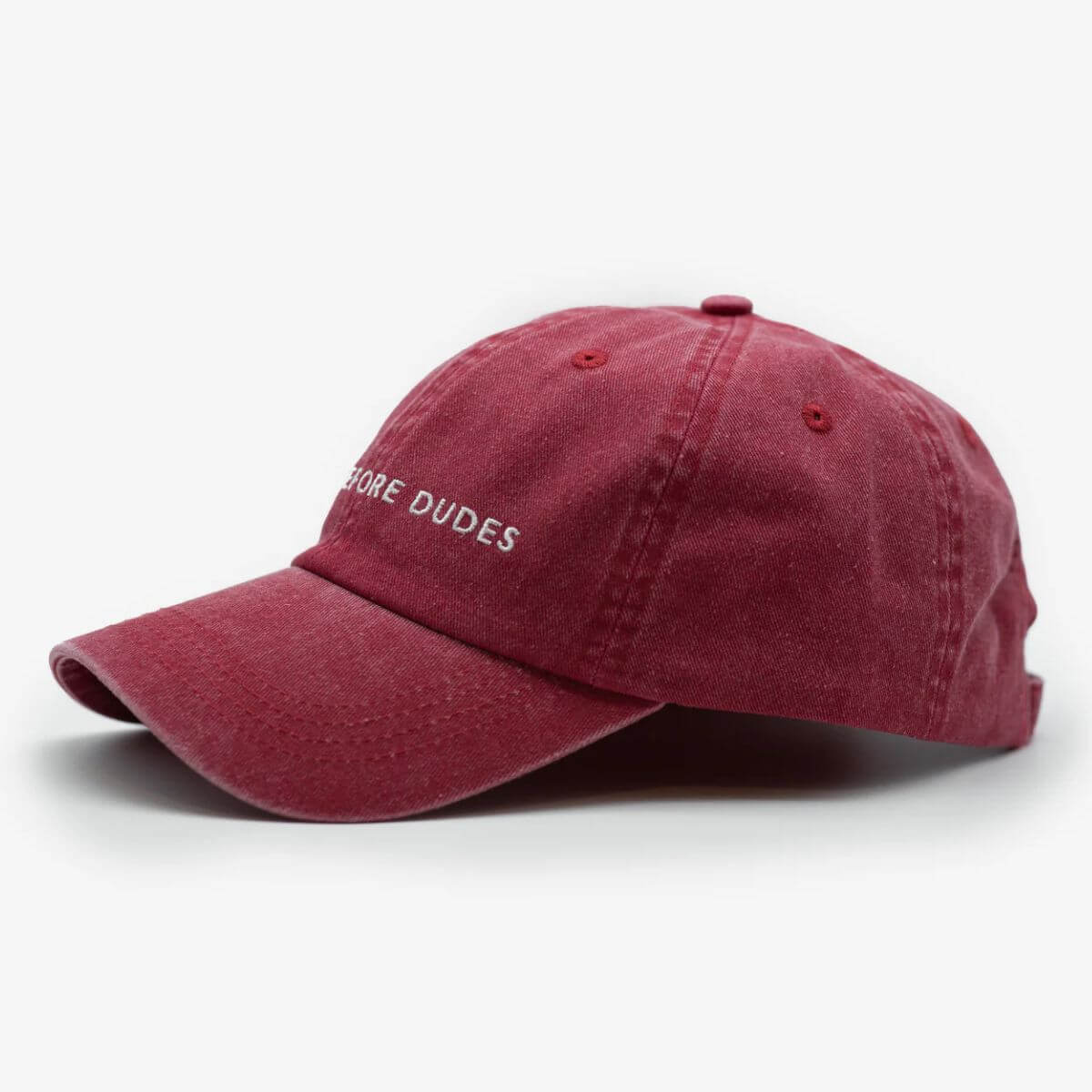 Washed red denim baseball cap with "DOGS BEFORE DUDES" embroidery by Collar of Sweden, side view. Rote Denim-Basecap mit verwaschener Optik und "DOGS BEFORE DUDES"-Stickerei von Collar of Sweden, Seitenansicht. Casquette en denim rouge délavé avec broderie "DOGS BEFORE DUDES" de Collar of Sweden, vue latérale.