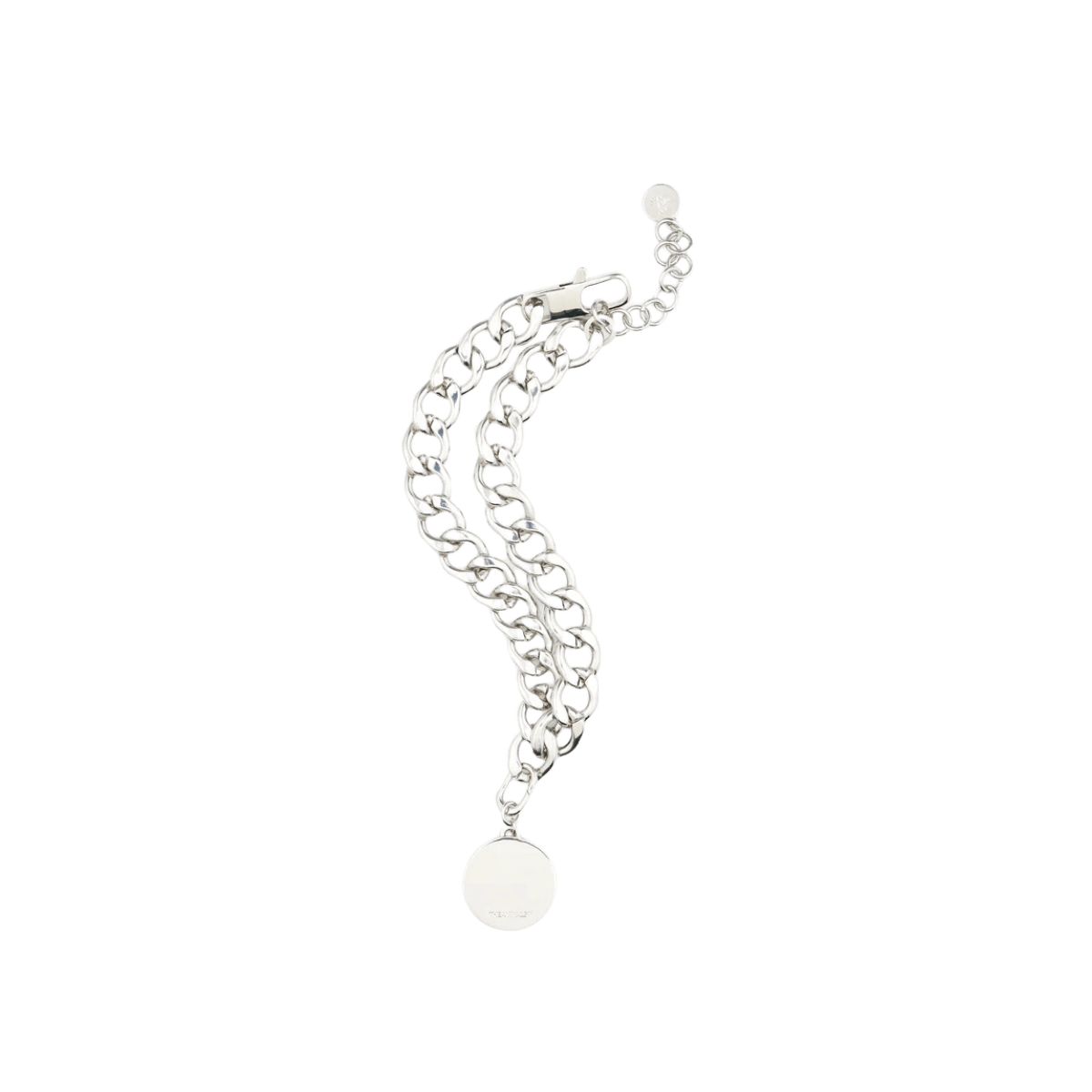Product image of The Animals silver curb chain necklace with round engraved pendant.
Produktaufnahme der silbernen Gliederkette mit graviertem Anhänger von The Animals.
Photo produit du collier chaîne argentée avec médaillon gravé de The Animals.