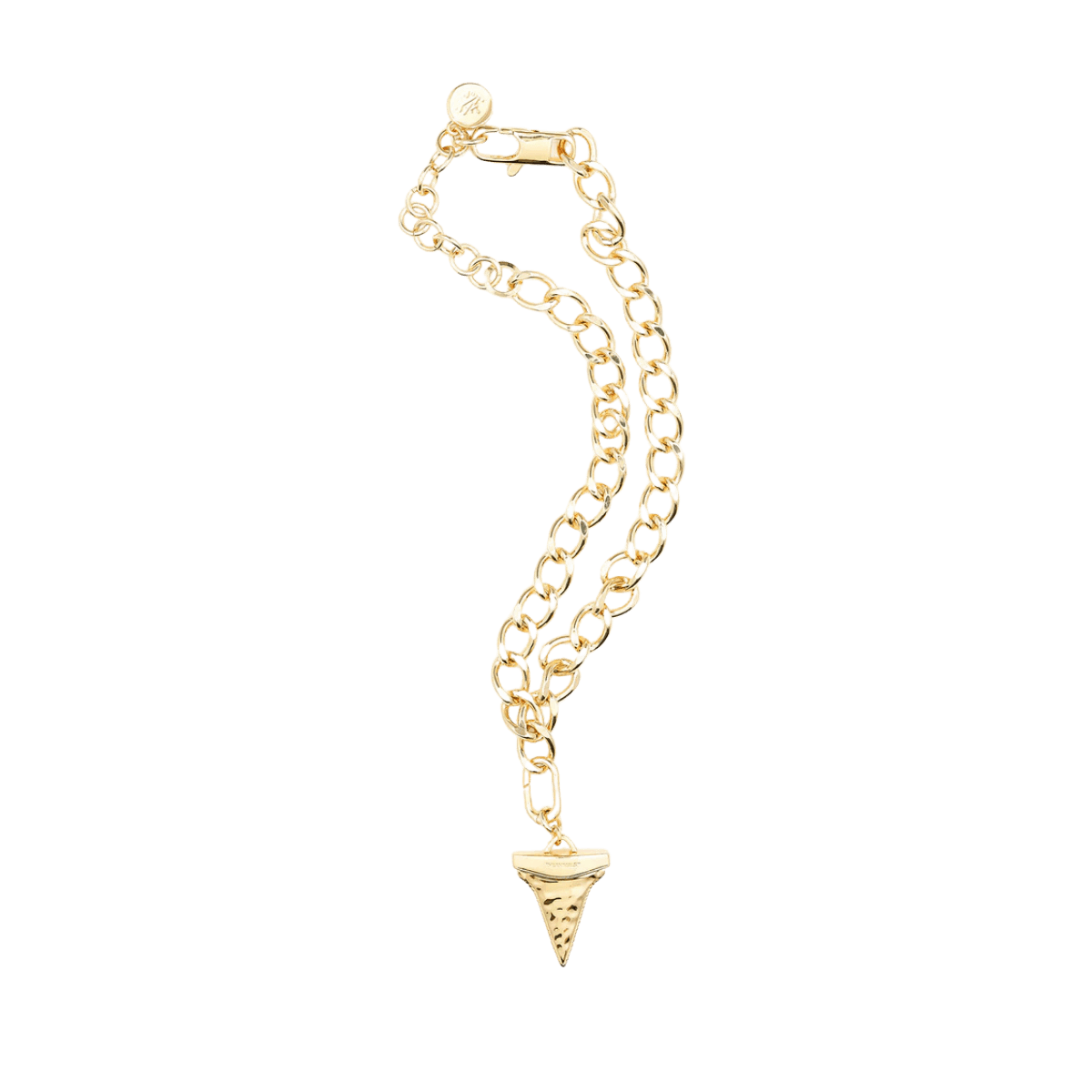 Gold chain necklace with shark tooth pendant by The Animals.
Goldene Halskette mit Haifischzahn-Anhänger von The Animals.
Collier doré avec pendentif dent de requin signé The Animals.