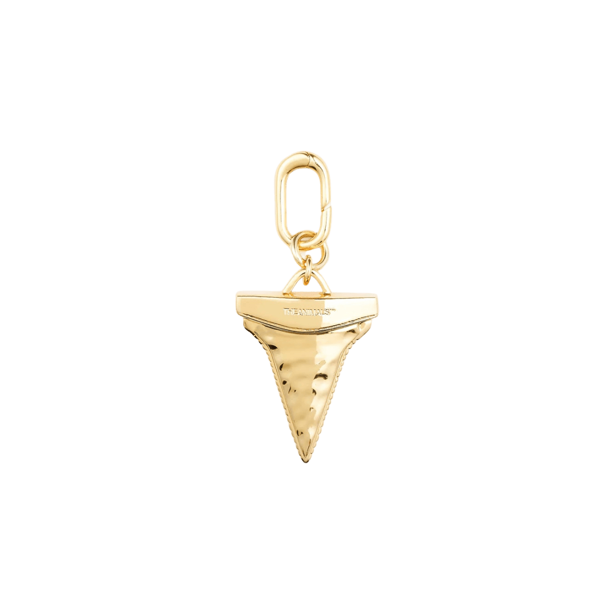 Gold shark tooth pendant with engraved logo by The Animals.
Goldener Haifischzahn-Anhänger mit graviertem Logo von The Animals.
Pendentif doré en forme de dent de requin avec logo gravé The Animals.