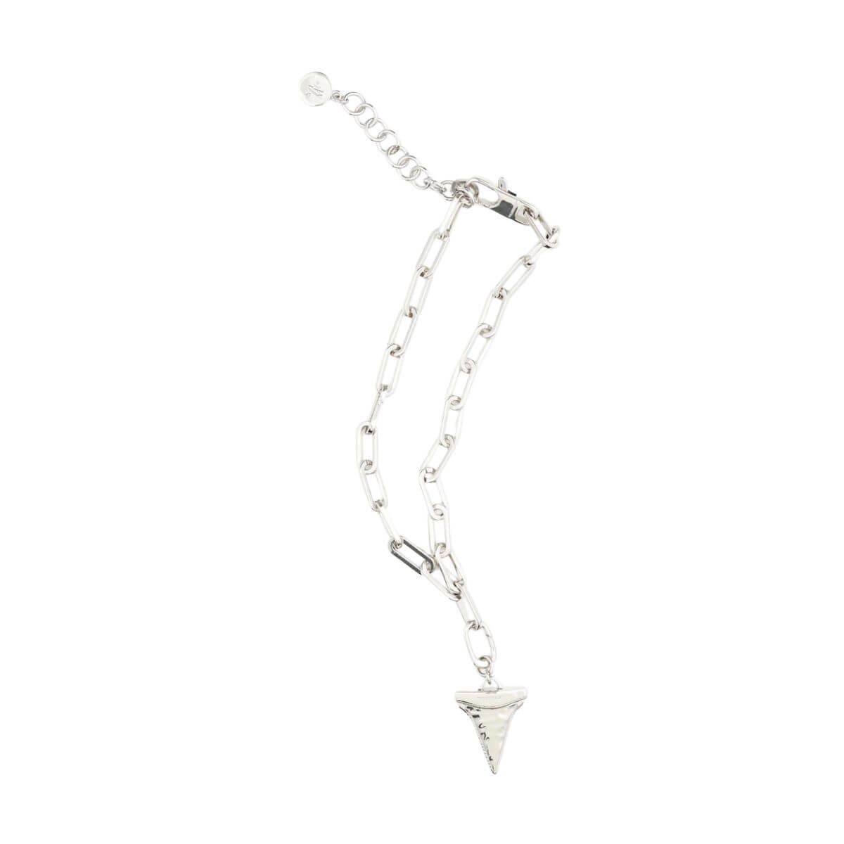 Silver chain necklace with shark tooth pendant by Pendants displayed flat.
Silberne Gliederkette mit Haifischzahn-Anhänger von Pendants flach ausgelegt.
Collier chaîne argentée avec pendentif dent de requin de Pendants posé à plat.