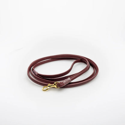 Close up of gold hardware clasp on the burgundy dog leash made of vegan leather with gold hardware