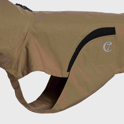 Close-up of Velcro closure of dog raincoat in sienna color