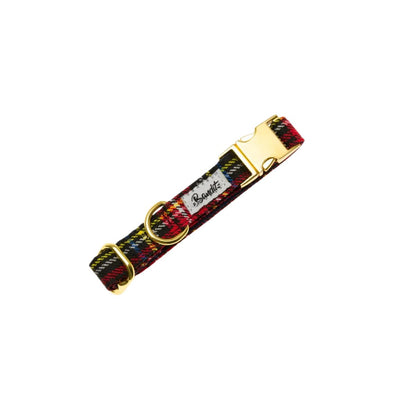 Red, blue and white checkered "Wild Wild Wouf" dog collar with gold hardware by French Bandit