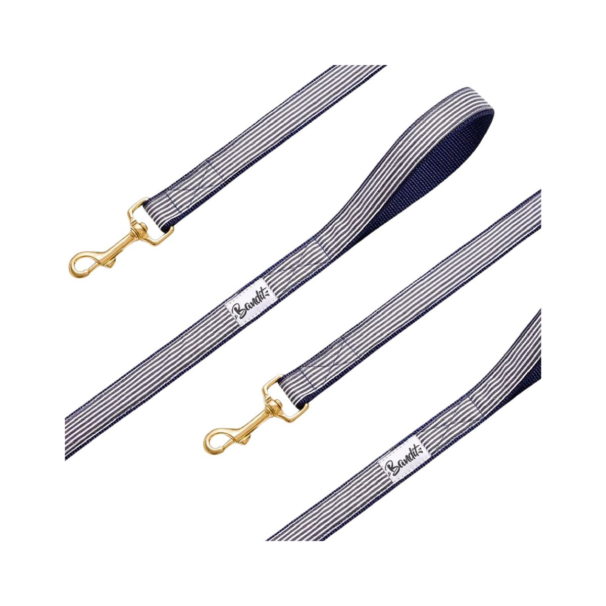 Blue and white striped dog leash In The Navy with gold hardware by French Bandit