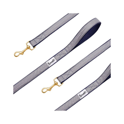 Blue and white striped dog leash In The Navy with gold hardware by French Bandit