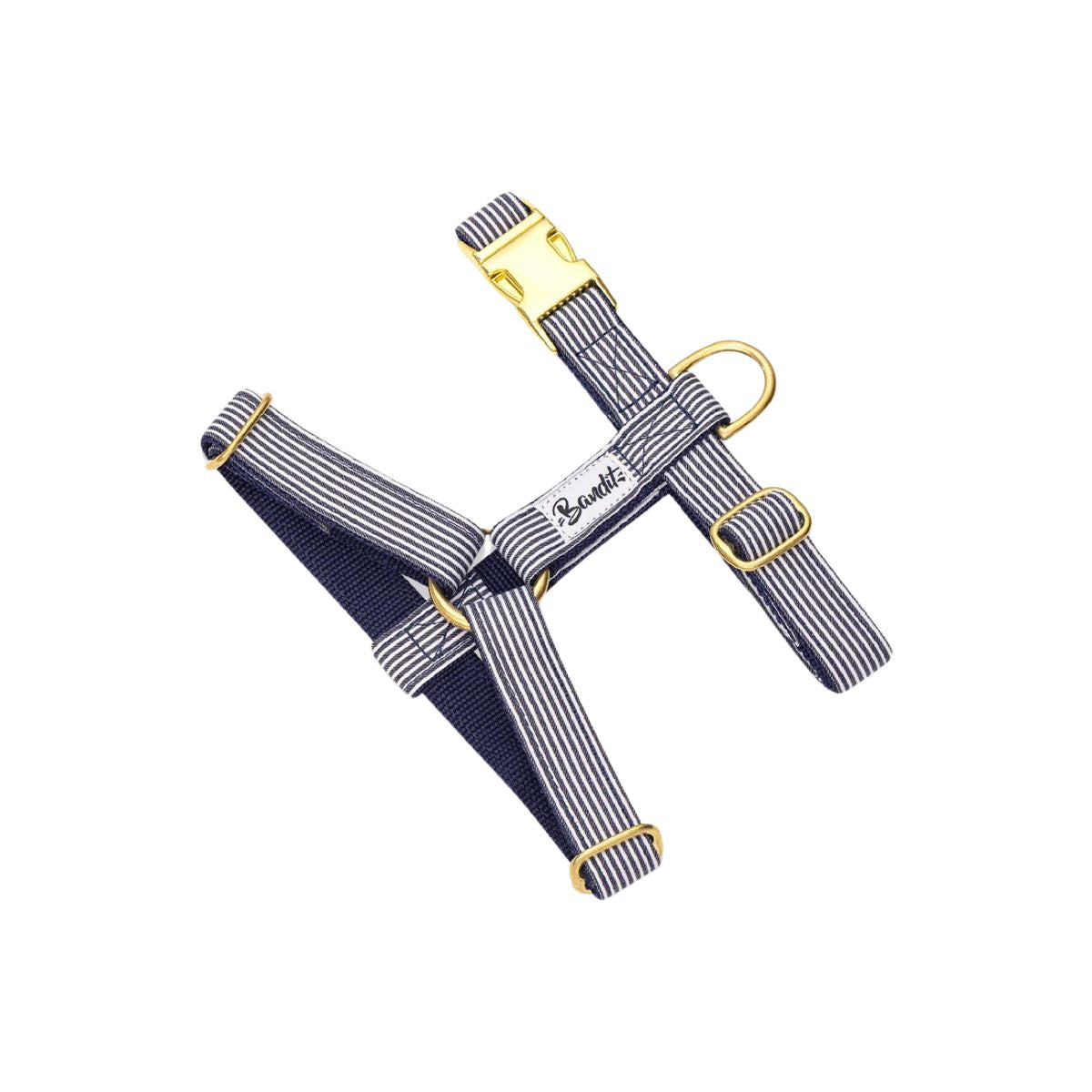 Blue and white striped dog harness with gold hardware by French Bandit