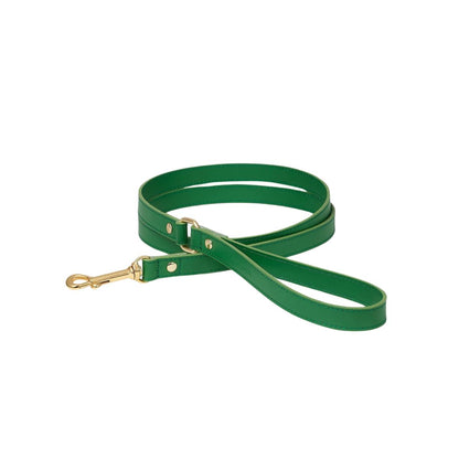 Green leather dog leash with gold hardware