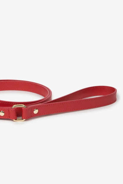 Close up of the handle of a red leather dog leash with gold hardware