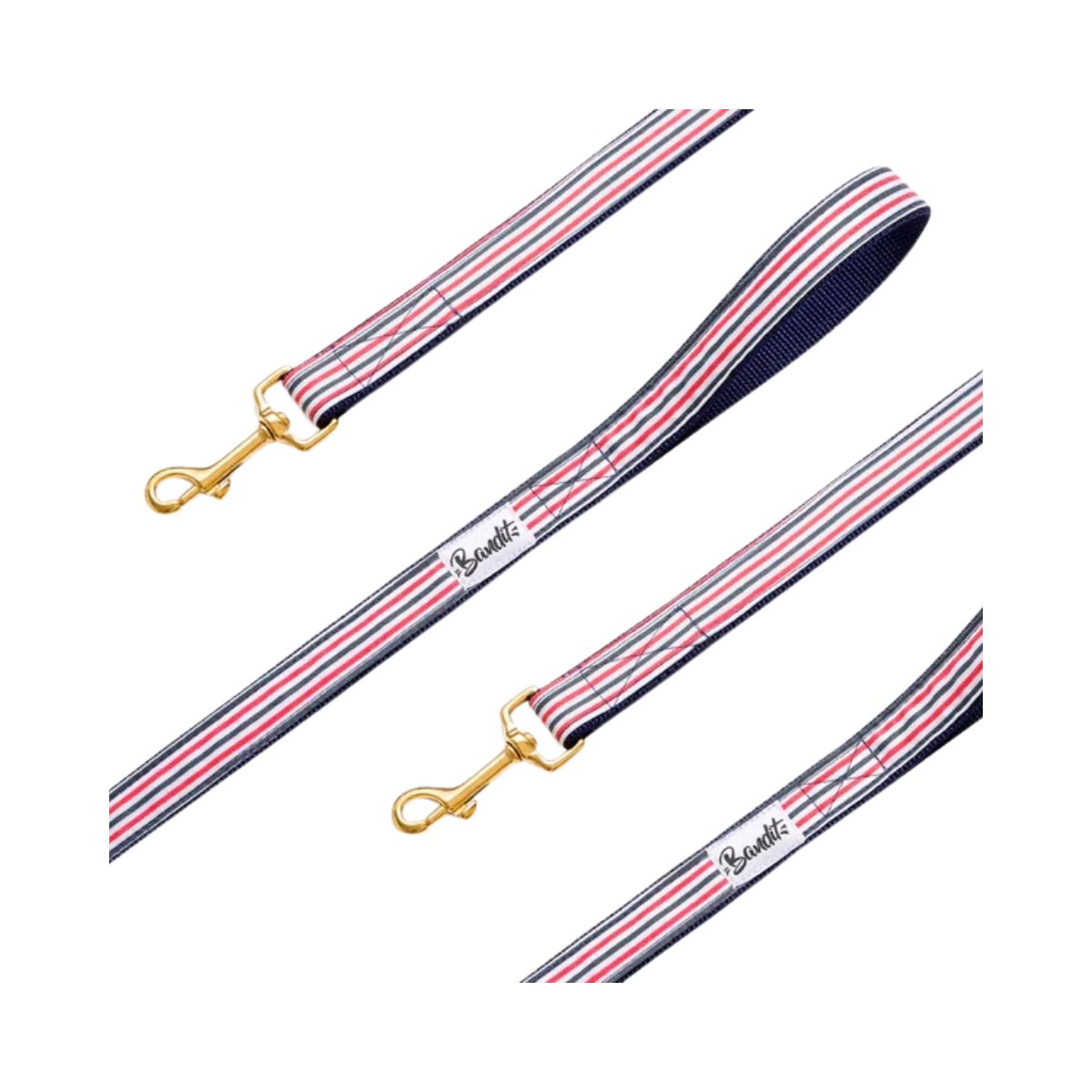 Red, blue and white striped dog leash The French Banban with gold hardware by French Bandit