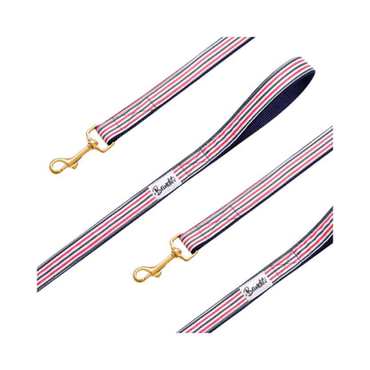 Red, blue and white striped dog leash The French Banban with gold hardware by French Bandit
