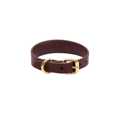 Burgundy dog collar made from vegan leather with gold hardware