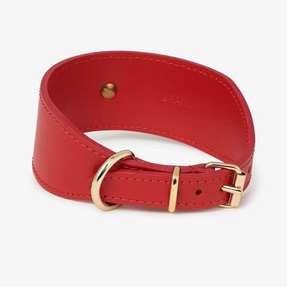 Back view of the Branni Pets red leather collar showing the adjustable gold buckle – designed for greyhounds and sensitive dogs. Rückansicht des roten Branni Pets Lederhalsbands mit verstellbarer goldener Schnalle – speziell für Windhunde und empfindliche Hunde. Vue arrière du collier en cuir rouge Branni Pets avec boucle dorée réglable – conçu pour les lévriers et les chiens sensibles.