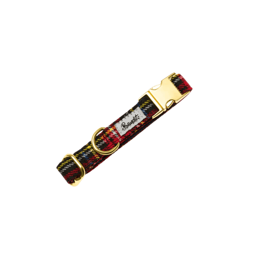Tartan plaid dog collar with gold buckle and French Bandit label, laid flat on a black background.
Collier pour chien à motif écossais avec boucle dorée et étiquette French Bandit, présenté à plat sur fond noir.
Kariertes Hundehalsband mit goldener Schnalle und French Bandit-Etikett, flach auf schwarzem Hintergrund präsentiert.