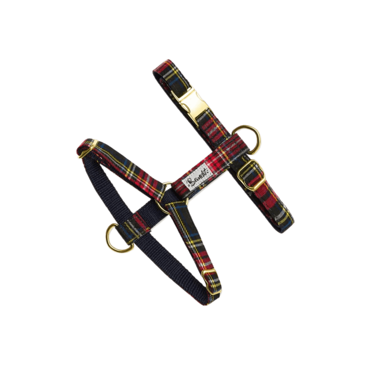 French Bandit dog harness in red and blue tartan with gold hardware – classic British-inspired look for fashionable dogs. Hundegeschirr von French Bandit im rot-blauen Tartan-Muster mit goldenen Details – klassischer britischer Look für stilbewusste Hunde. Harnais pour chien French Bandit à motif tartan rouge et bleu avec bouclerie dorée – un style britannique classique pour chiens élégants.