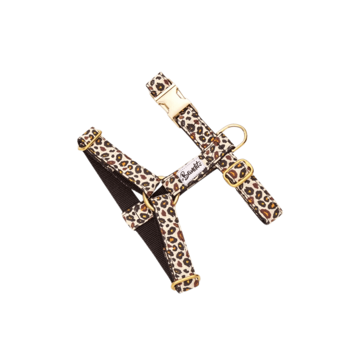 French Bandit dog harness with leopard print and gold accents – bold, fashionable and perfect for standout walks. Hundegeschirr von French Bandit mit Leopardenmuster und goldenen Akzenten – auffällig, modisch und perfekt für besondere Spaziergänge. Harnais pour chien French Bandit à imprimé léopard avec finitions dorées – audacieux, tendance et idéal pour se démarquer.