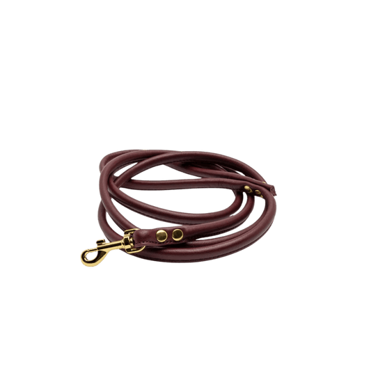 Burgundy vegan leather dog leash with gold hardware by Collar of Sweden – Laisse pour chien en cuir végan couleur bordeaux avec quincaillerie dorée, signée Collar of Sweden – Hundeleine aus burgunderrotem veganem Leder mit goldener Beschläge von Collar of Sweden.