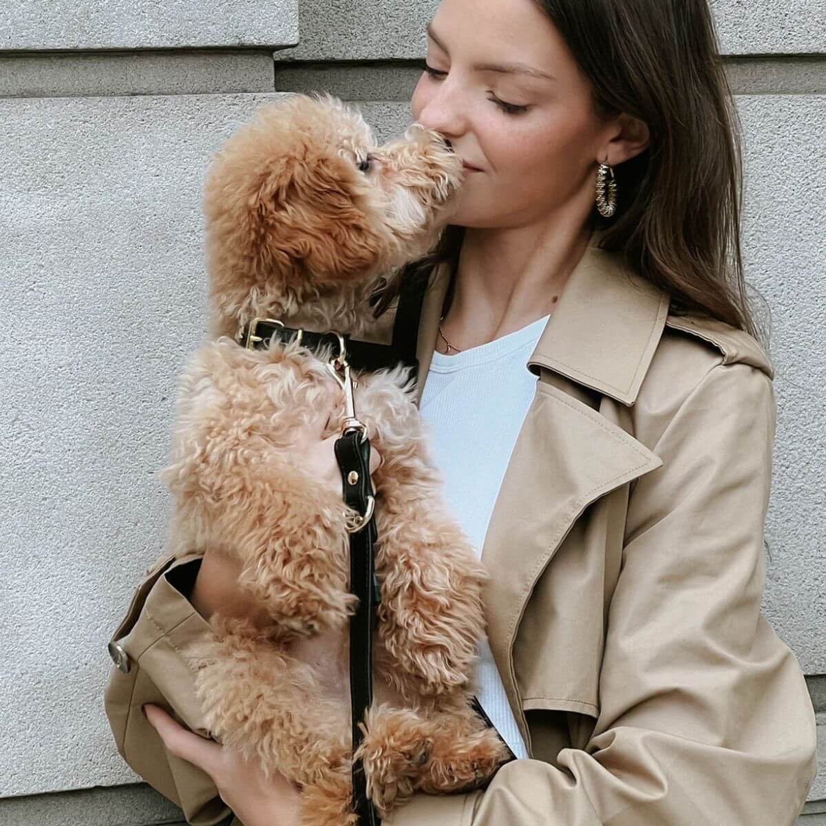 Woman cuddling her dog, both using the matching black leash and collar from Branni Pets for a coordinated, elegant style. Frau kuschelt mit ihrem Hund – beide tragen die passende schwarze Leine und das Halsband von Branni Pets für einen eleganten, abgestimmten Look. Femme câlinant son chien, tous deux portant la laisse et le collier noirs assortis de Branni Pets pour un style élégant et coordonné.