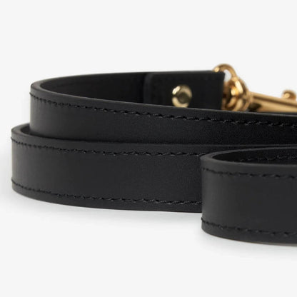 Elegant close-up of the black Branni Pets dog leash with gold hardware, showcasing fine stitching and premium vegan leather material. Elegante Nahaufnahme der schwarzen Branni Pets Hundeleine mit goldener Hardware, die feine Nähte und hochwertiges veganes Leder zeigt. Gros plan élégant de la laisse noire pour chien Branni Pets avec une quincaillerie dorée, mettant en valeur les coutures fines et le cuir végan de qualité.
