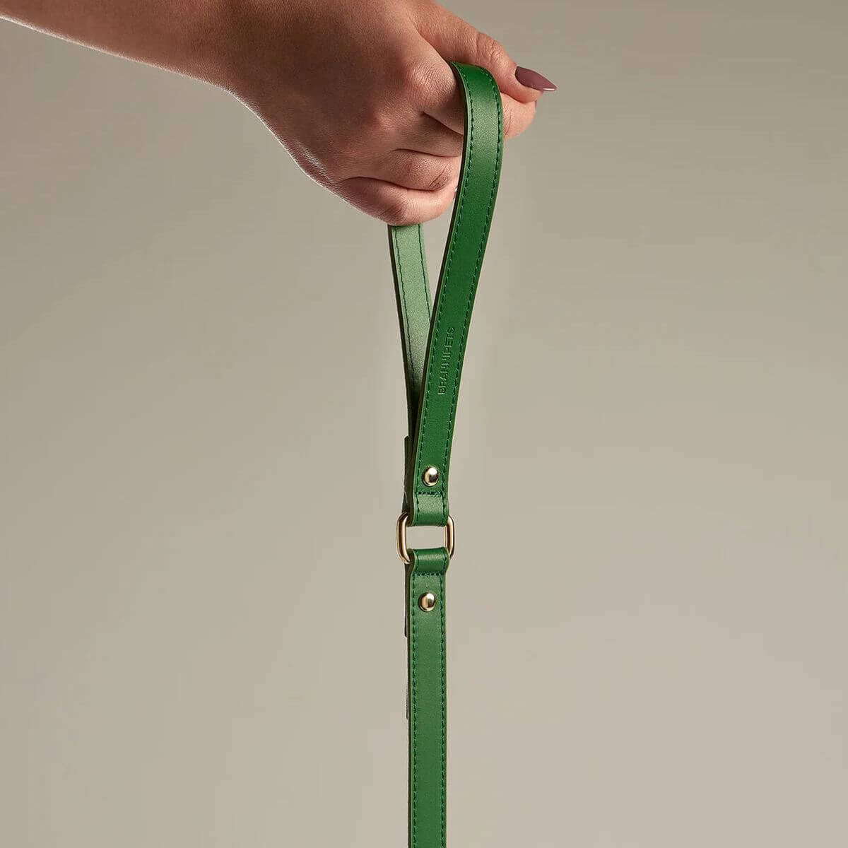 Hand holding the green Branni Pets dog leash, showing its ergonomic design and premium vegan leather. – Hand hält die grüne Branni Pets Hundeleine, zeigt ergonomisches Design und hochwertiges veganes Leder. – Main tenant la laisse verte Branni Pets, mettant en valeur son design ergonomique et son cuir vegan de qualité.