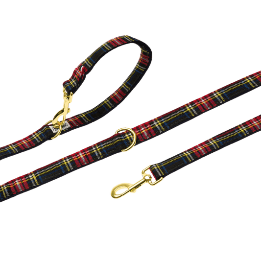 Full view of the French Bandit red tartan dog leash with gold-tone hardware and adjustable rings – timeless and functional design. Gesamtansicht der French Bandit Hundeleine im roten Tartan mit goldener Hardware und verstellbaren Ringen – klassisch und praktisch zugleich. Vue complète de la laisse pour chien tartan rouge de French Bandit avec bouclerie dorée et anneaux réglables – design intemporel et fonctionnel.