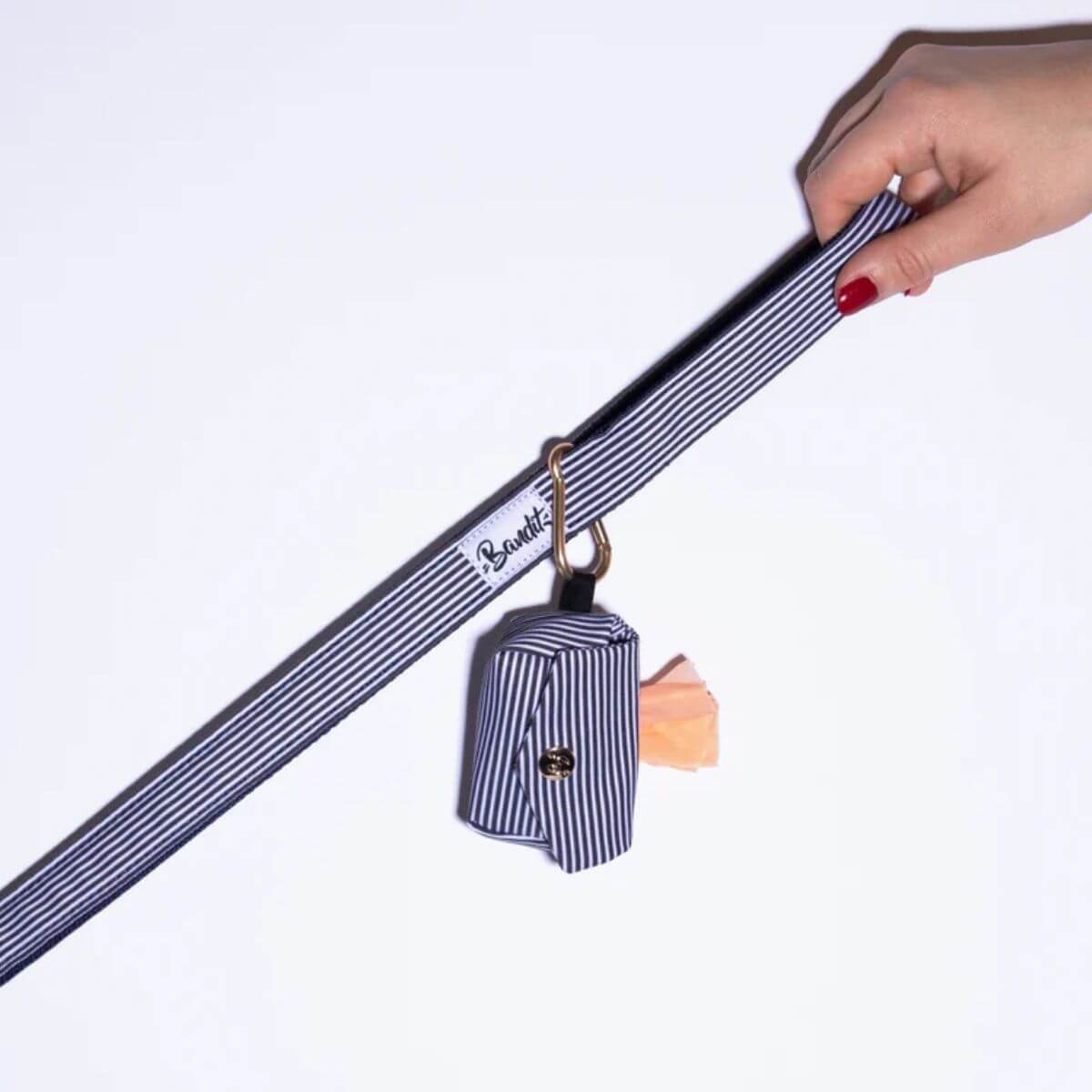 Hand holding a French Bandit dog leash in navy and white stripes with matching poop bag holder and gold ring – minimalist and chic accessory. Hand hält French Bandit Hundeleine in Marine-Weiß mit passendem Kotbeutelhalter und goldenem Ring – stilvolles und schlichtes Accessoire. Main tenant une laisse rayée bleu marine et blanche de French Bandit avec distributeur de sacs assorti et anneau doré – accessoire chic et minimaliste.