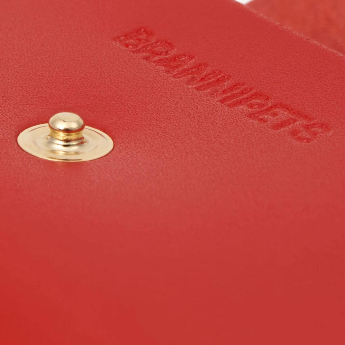 Close-up of red Branni Pets poop bag holder with gold snap button and embossed logo. Nahaufnahme des roten Kotbeutelhalters von Branni Pets mit goldenem Druckknopf und geprägtem Logo. Gros plan du distributeur de sacs rouges Branni Pets avec bouton-pression doré et logo embossé.