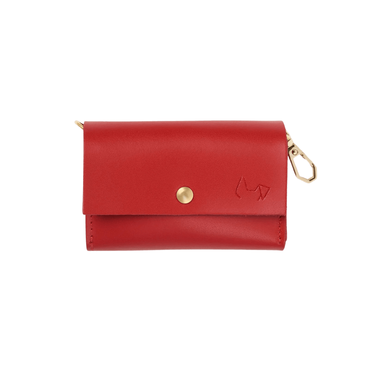 Branni Pets red poop bag holder with gold snap button and minimalist dog logo on the flap. Roter Kotbeutelhalter von Branni Pets mit goldenem Druckknopf und minimalistischem Hundelogo auf der Klappe. Distributeur de sacs rouges Branni Pets avec bouton-pression doré et logo de chien minimaliste sur le rabat.