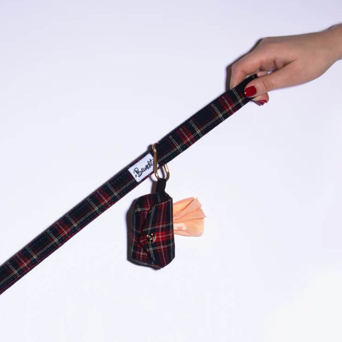 Hand holding a red tartan French Bandit leash with matching poop bag holder and gold ring – practical and coordinated dog walking accessory. Hand hält French Bandit Hundeleine im roten Tartan mit passendem Kotbeutelhalter und goldenem Ring – praktisches und stilvolles Gassi-Accessoire. Main tenant une laisse tartan rouge de French Bandit avec distributeur de sacs assorti et anneau doré – accessoire chic et pratique pour la promenade.