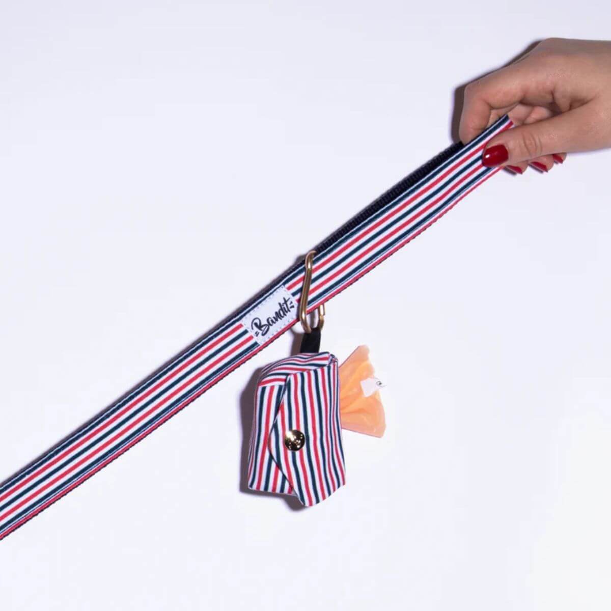 Hand holding a French Bandit red, white, and blue striped leash with matching poop bag holder and gold ring – coordinated and practical design. Hand hält French Bandit Hundeleine in Rot-Weiß-Blau mit passendem Kotbeutelhalter und goldenem Ring – praktisch und stilvoll kombiniert. Main tenant une laisse rayée rouge, blanche et bleue de French Bandit avec distributeur de sacs assorti et anneau doré – design pratique et assorti.