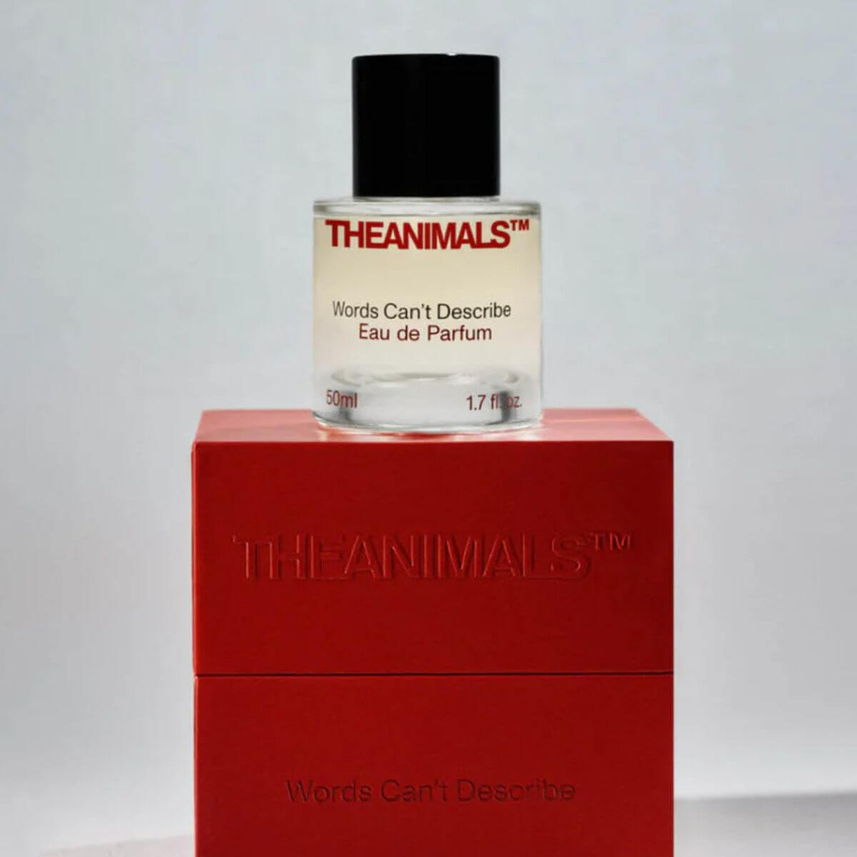 The Animals perfume on red box. "Words Can't Describe" 50ml Eau de Parfum with saffron, rose, vetiver, and woods. The Animals Parfum auf roter Box. „Words Can't Describe“ mit Safran, Rose, Vetiver und Hölzern. Parfum de The Animals sur boîte rouge. "Words Can't Describe" avec safran, rose, vétiver et bois.