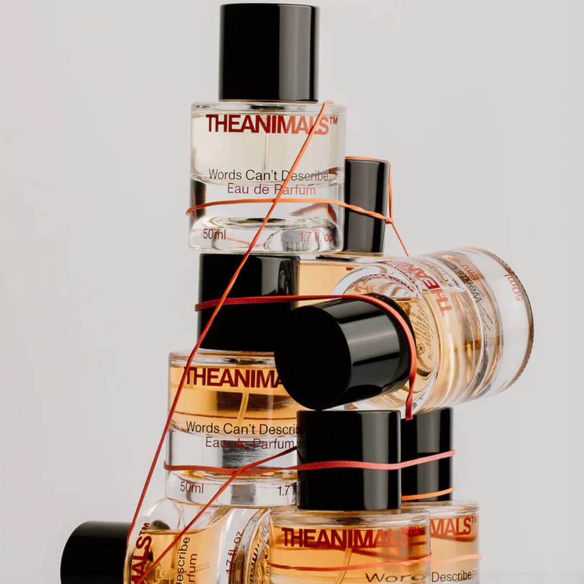 Multiple bottles of "Words Can't Describe" by The Animals tied with red thread. Complex scent with floral and woody notes. Mehrere Parfumflakons von The Animals mit rotem Faden. Komplexer Duft mit floralen und holzigen Noten. Parfums "Words Can't Describe" de The Animals, liés par un fil rouge. Senteur florale et boisée.