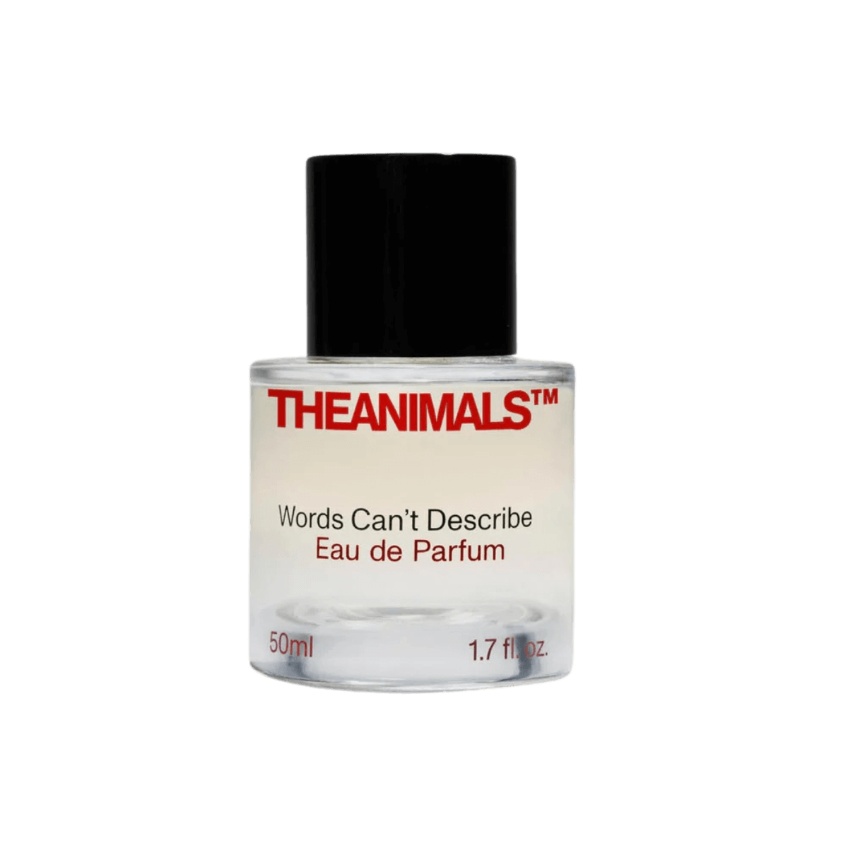 Studio image of The Animals "Words Can't Describe" perfume. Clean bottle with bold logo, unisex scent. Studioaufnahme von „Words Can't Describe“ Parfum von The Animals. Klarer Flakon mit Unisex-Duft. Visuel studio du parfum "Words Can't Describe" de The Animals. Flacon épuré et senteur unisexe.